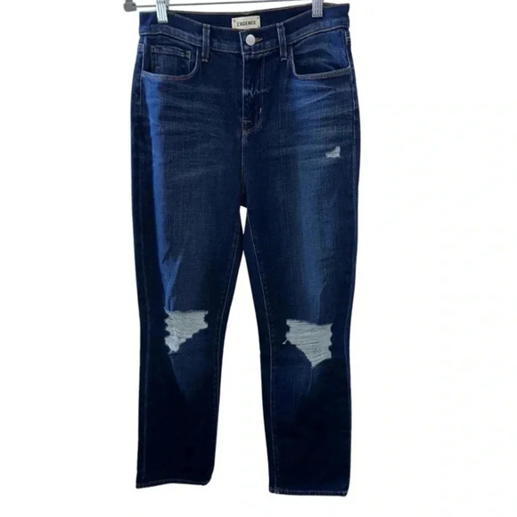 L'Agence Shane Distressed Mid Rise Slouchy Straight Jeans Dark Wash Size 27 - Picture 4 of 8